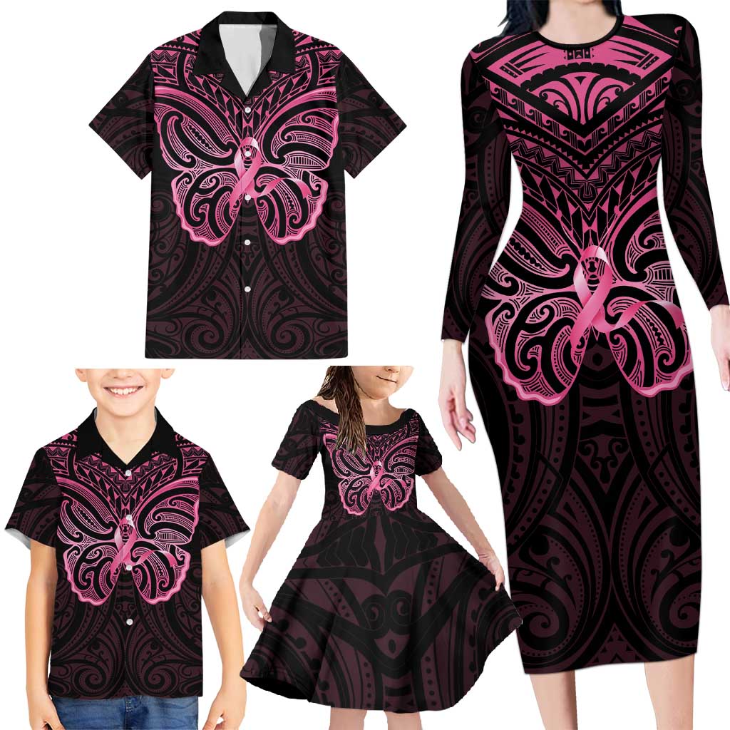 New Zealand Breast Cancer Awareness Family Matching Long Sleeve Bodycon Dress and Hawaiian Shirt Maori Butterfly Pink Ribbon Black Version - Aussie Hoodie