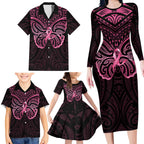 New Zealand Breast Cancer Awareness Family Matching Long Sleeve Bodycon Dress and Hawaiian Shirt Maori Butterfly Pink Ribbon Black Version - Aussie Hoodie