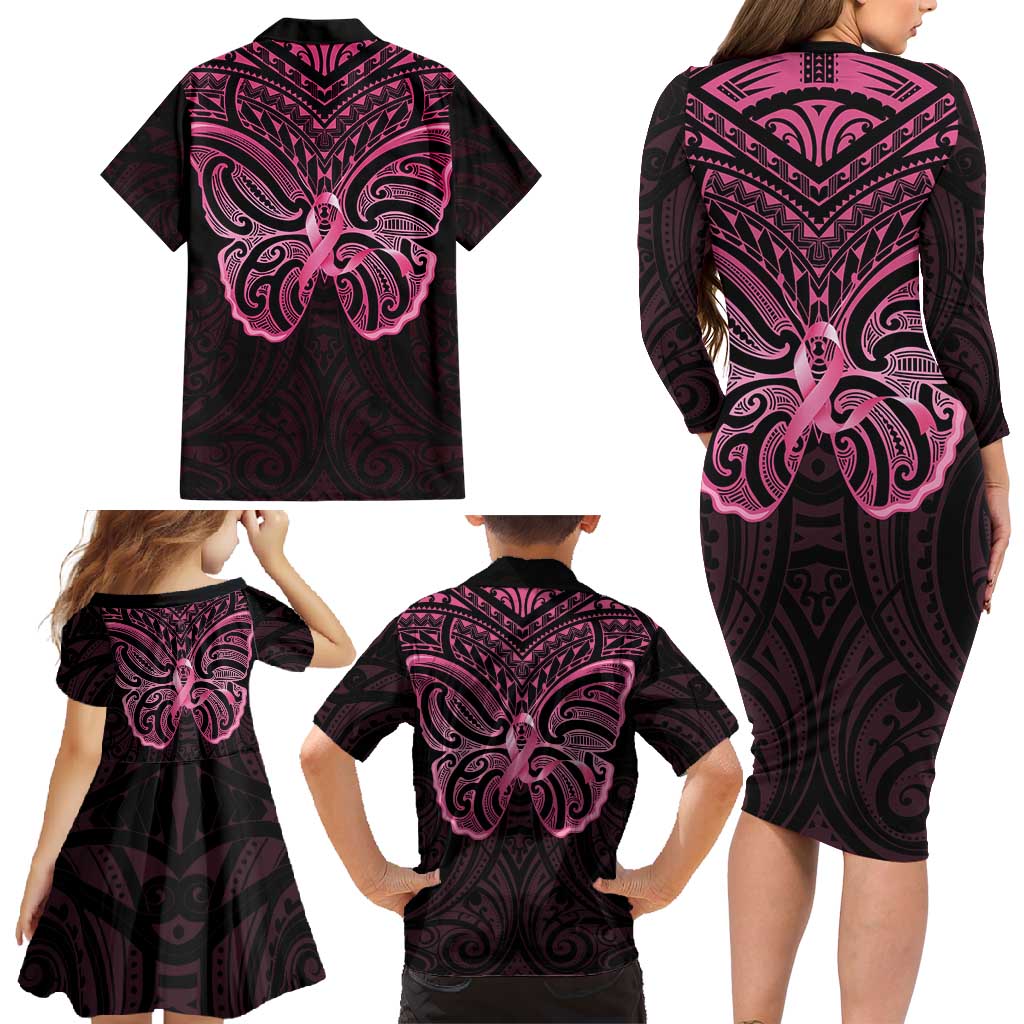 New Zealand Breast Cancer Awareness Family Matching Long Sleeve Bodycon Dress and Hawaiian Shirt Maori Butterfly Pink Ribbon Black Version - Aussie Hoodie
