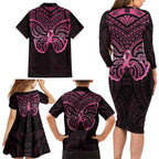 New Zealand Breast Cancer Awareness Family Matching Long Sleeve Bodycon Dress and Hawaiian Shirt Maori Butterfly Pink Ribbon Black Version - Aussie Hoodie