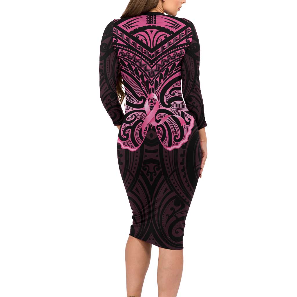 New Zealand Breast Cancer Awareness Family Matching Long Sleeve Bodycon Dress and Hawaiian Shirt Maori Butterfly Pink Ribbon Black Version - Aussie Hoodie