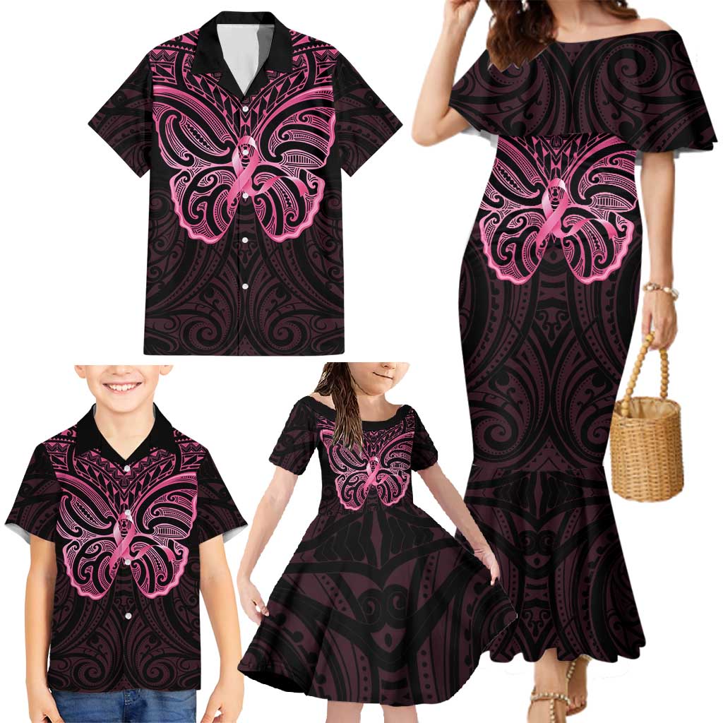 New Zealand Breast Cancer Awareness Family Matching Mermaid Dress and Hawaiian Shirt Maori Butterfly Pink Ribbon Black Version - Aussie Hoodie