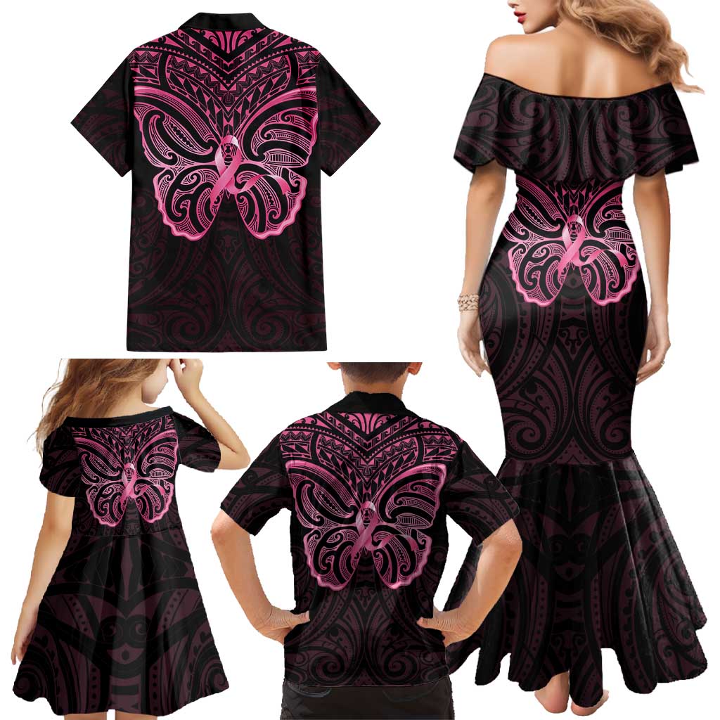 New Zealand Breast Cancer Awareness Family Matching Mermaid Dress and Hawaiian Shirt Maori Butterfly Pink Ribbon Black Version - Aussie Hoodie