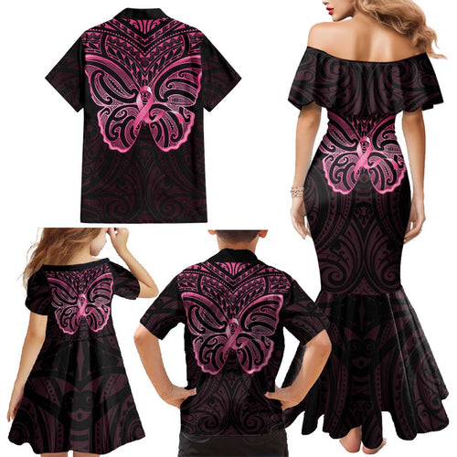 New Zealand Breast Cancer Awareness Family Matching Mermaid Dress and Hawaiian Shirt Maori Butterfly Pink Ribbon Black Version - Aussie Hoodie