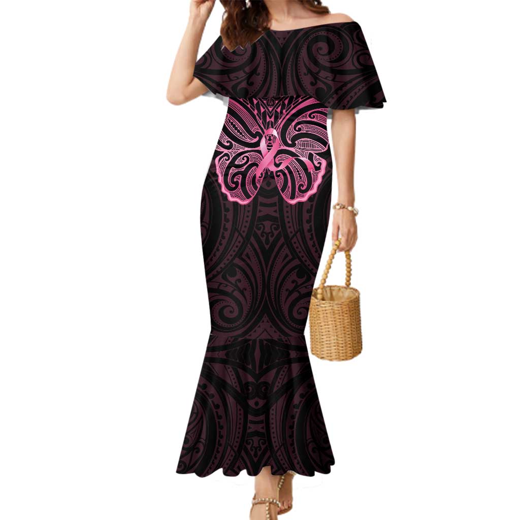 New Zealand Breast Cancer Awareness Family Matching Mermaid Dress and Hawaiian Shirt Maori Butterfly Pink Ribbon Black Version - Aussie Hoodie