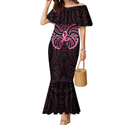 New Zealand Breast Cancer Awareness Family Matching Mermaid Dress and Hawaiian Shirt Maori Butterfly Pink Ribbon Black Version - Aussie Hoodie