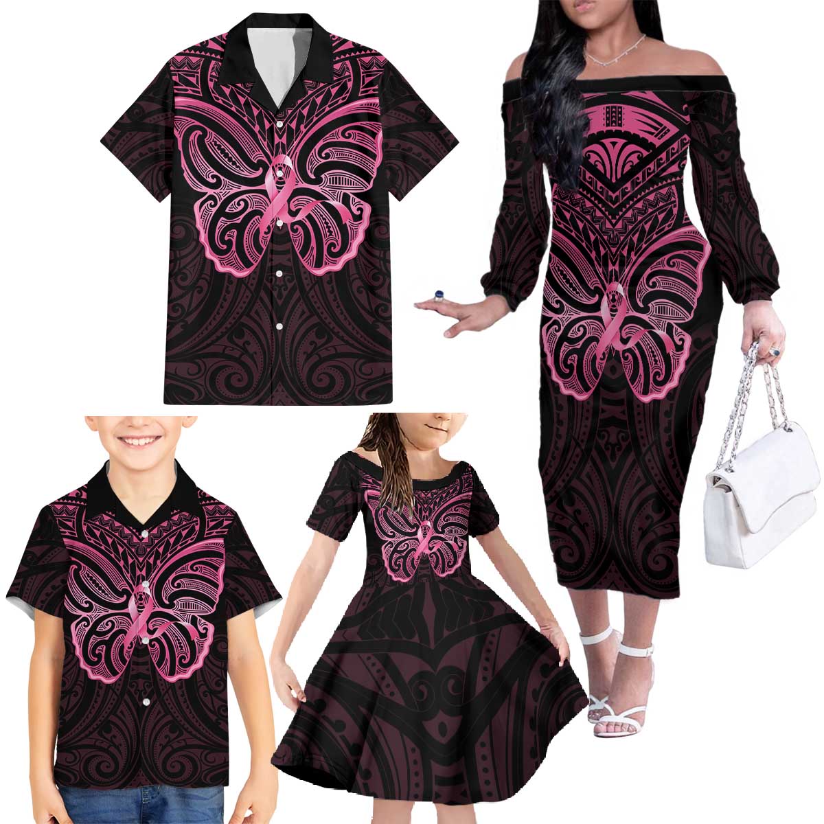 New Zealand Breast Cancer Awareness Family Matching Off The Shoulder Long Sleeve Dress and Hawaiian Shirt Maori Butterfly Pink Ribbon Black Version - Aussie Hoodie