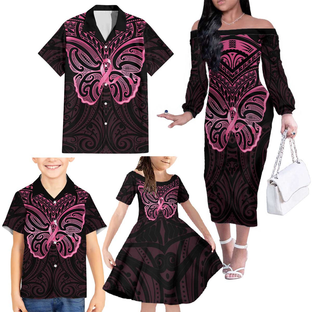 New Zealand Breast Cancer Awareness Family Matching Off The Shoulder Long Sleeve Dress and Hawaiian Shirt Maori Butterfly Pink Ribbon Black Version - Aussie Hoodie