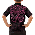 New Zealand Breast Cancer Awareness Family Matching Off The Shoulder Long Sleeve Dress and Hawaiian Shirt Maori Butterfly Pink Ribbon Black Version - Aussie Hoodie