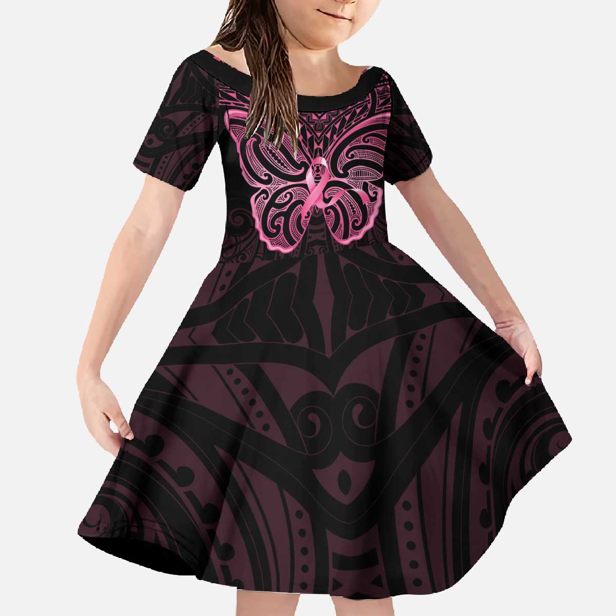 New Zealand Breast Cancer Awareness Family Matching Off The Shoulder Long Sleeve Dress and Hawaiian Shirt Maori Butterfly Pink Ribbon Black Version - Aussie Hoodie