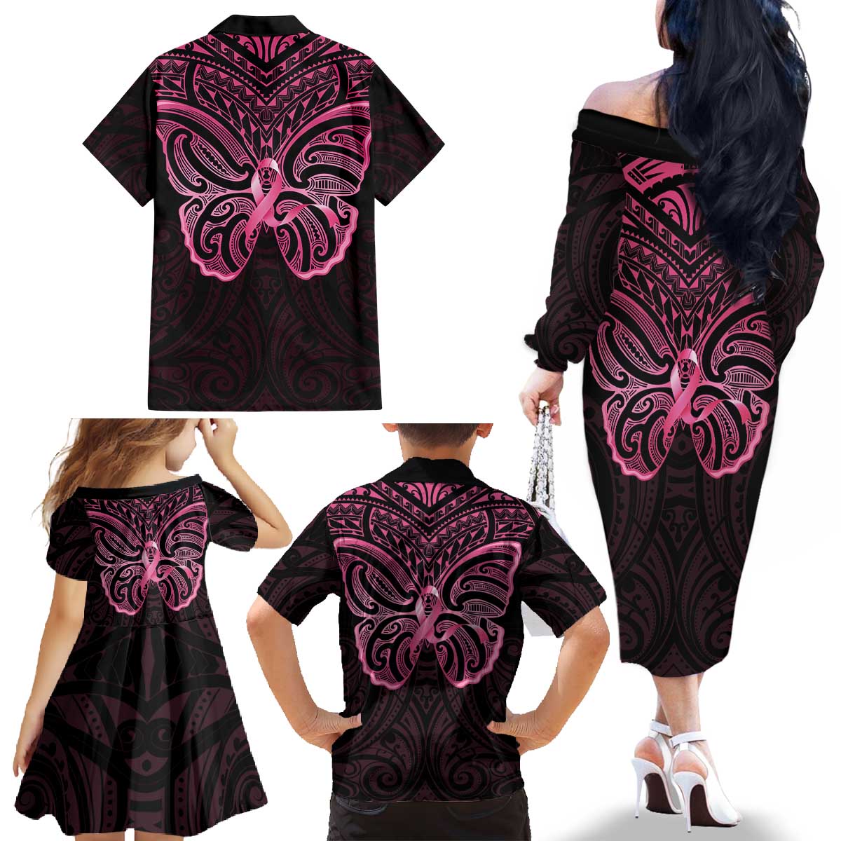 New Zealand Breast Cancer Awareness Family Matching Off The Shoulder Long Sleeve Dress and Hawaiian Shirt Maori Butterfly Pink Ribbon Black Version - Aussie Hoodie