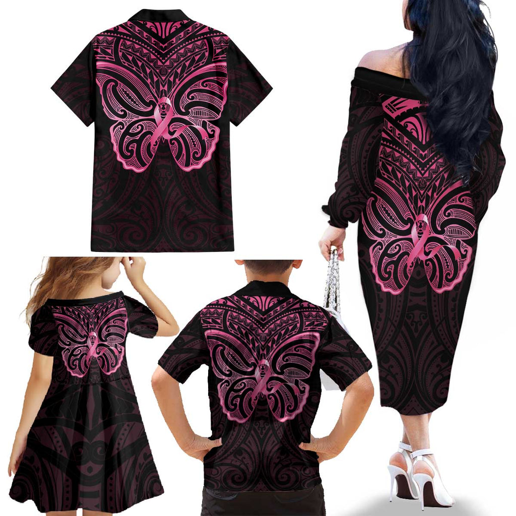 New Zealand Breast Cancer Awareness Family Matching Off The Shoulder Long Sleeve Dress and Hawaiian Shirt Maori Butterfly Pink Ribbon Black Version - Aussie Hoodie