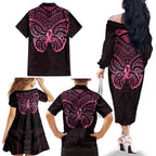 New Zealand Breast Cancer Awareness Family Matching Off The Shoulder Long Sleeve Dress and Hawaiian Shirt Maori Butterfly Pink Ribbon Black Version - Aussie Hoodie