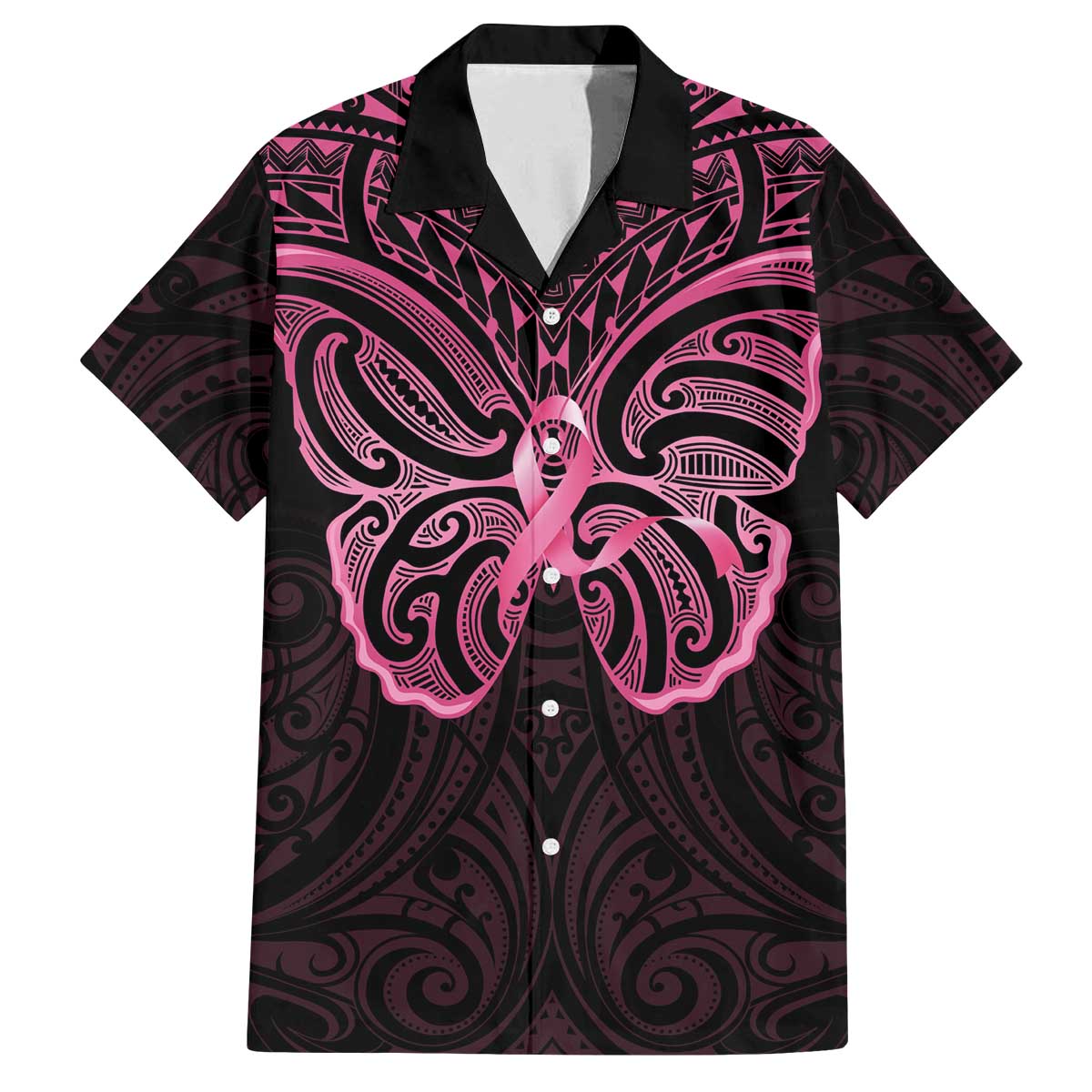 New Zealand Breast Cancer Awareness Family Matching Off The Shoulder Long Sleeve Dress and Hawaiian Shirt Maori Butterfly Pink Ribbon Black Version - Aussie Hoodie