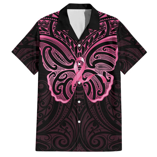 New Zealand Breast Cancer Awareness Family Matching Off The Shoulder Long Sleeve Dress and Hawaiian Shirt Maori Butterfly Pink Ribbon Black Version - Aussie Hoodie