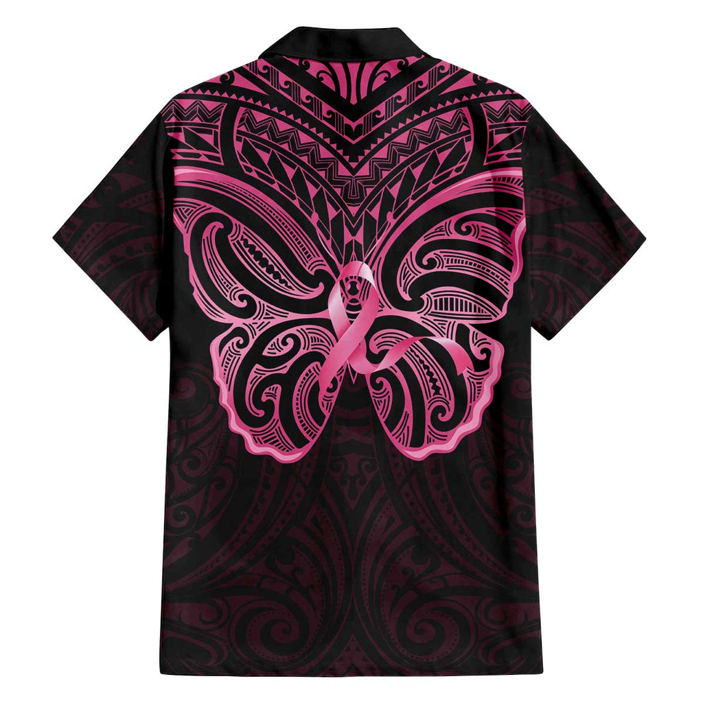 New Zealand Breast Cancer Awareness Family Matching Off The Shoulder Long Sleeve Dress and Hawaiian Shirt Maori Butterfly Pink Ribbon Black Version - Aussie Hoodie