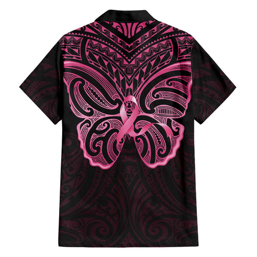 New Zealand Breast Cancer Awareness Family Matching Off The Shoulder Long Sleeve Dress and Hawaiian Shirt Maori Butterfly Pink Ribbon Black Version - Aussie Hoodie