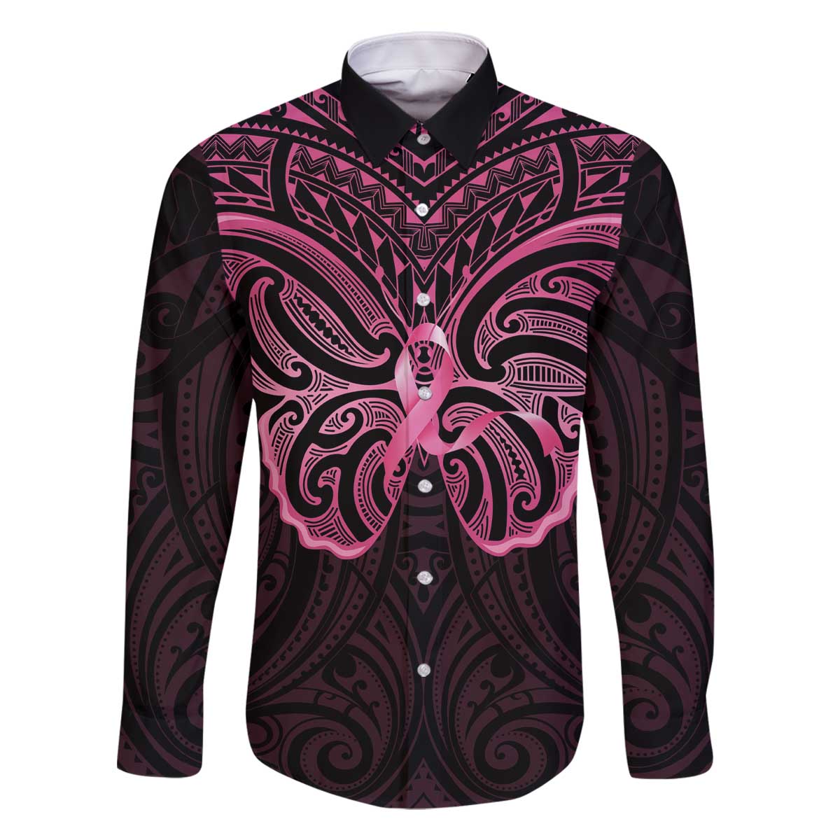 New Zealand Breast Cancer Awareness Family Matching Off The Shoulder Long Sleeve Dress and Hawaiian Shirt Maori Butterfly Pink Ribbon Black Version - Aussie Hoodie