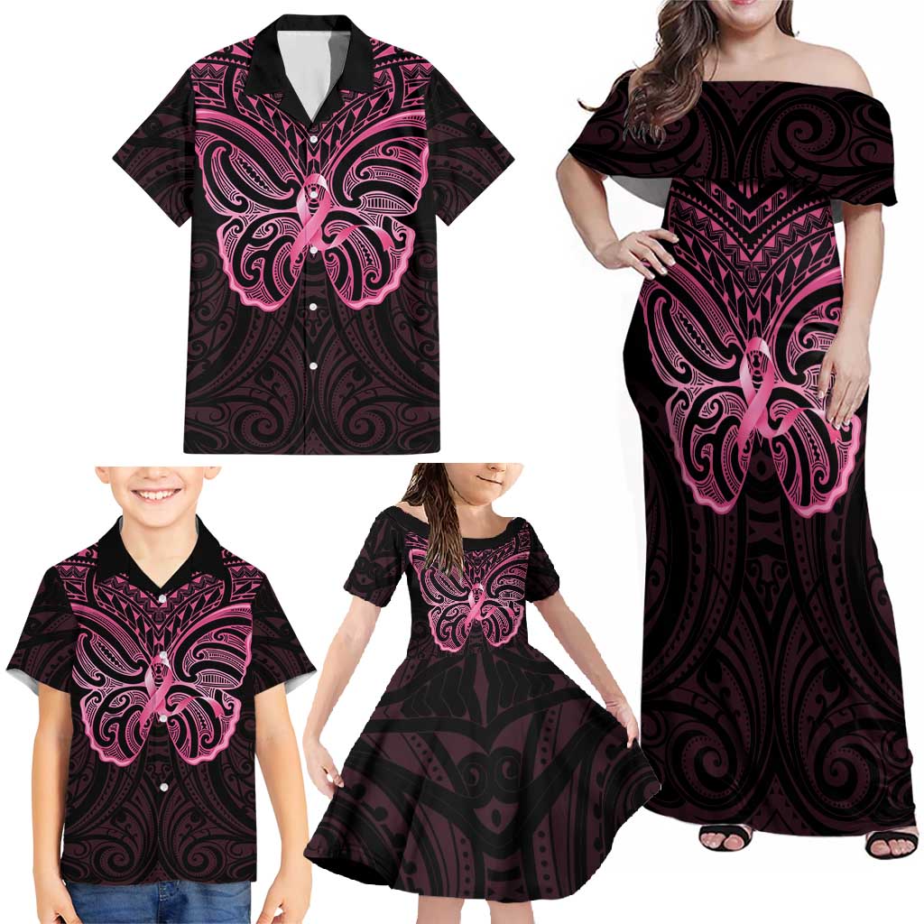 New Zealand Breast Cancer Awareness Family Matching Off Shoulder Maxi Dress and Hawaiian Shirt Maori Butterfly Pink Ribbon Black Version - Aussie Hoodie