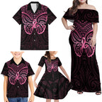 New Zealand Breast Cancer Awareness Family Matching Off Shoulder Maxi Dress and Hawaiian Shirt Maori Butterfly Pink Ribbon Black Version - Aussie Hoodie