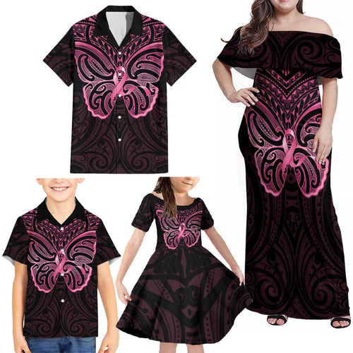 New Zealand Breast Cancer Awareness Family Matching Off Shoulder Maxi Dress and Hawaiian Shirt Maori Butterfly Pink Ribbon Black Version - Aussie Hoodie