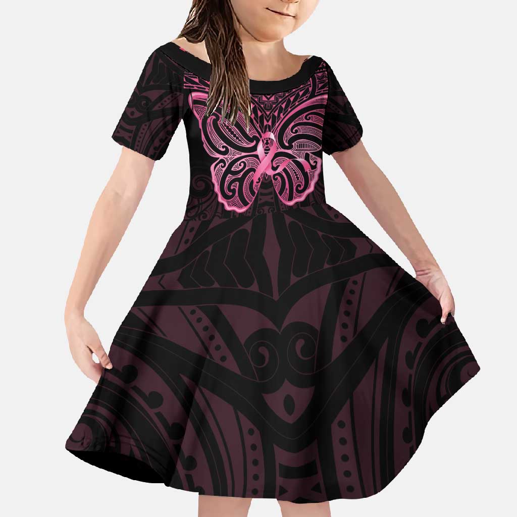 New Zealand Breast Cancer Awareness Family Matching Off Shoulder Maxi Dress and Hawaiian Shirt Maori Butterfly Pink Ribbon Black Version - Aussie Hoodie