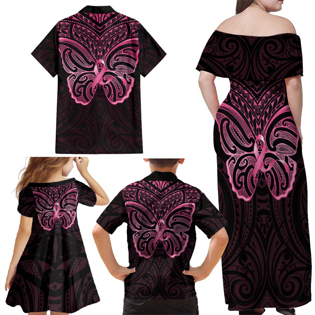 New Zealand Breast Cancer Awareness Family Matching Off Shoulder Maxi Dress and Hawaiian Shirt Maori Butterfly Pink Ribbon Black Version - Aussie Hoodie