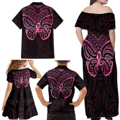 New Zealand Breast Cancer Awareness Family Matching Off Shoulder Maxi Dress and Hawaiian Shirt Maori Butterfly Pink Ribbon Black Version - Aussie Hoodie