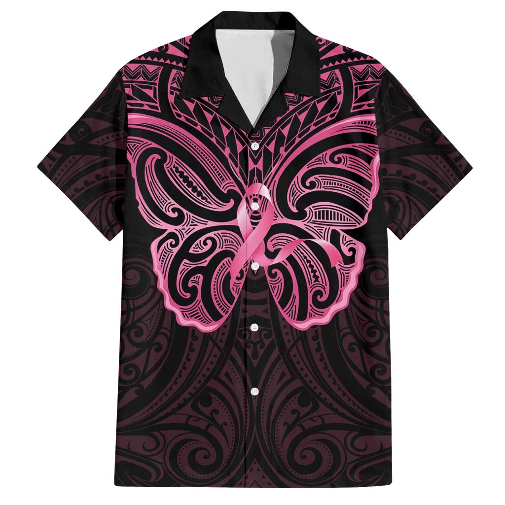 New Zealand Breast Cancer Awareness Family Matching Off Shoulder Maxi Dress and Hawaiian Shirt Maori Butterfly Pink Ribbon Black Version - Aussie Hoodie