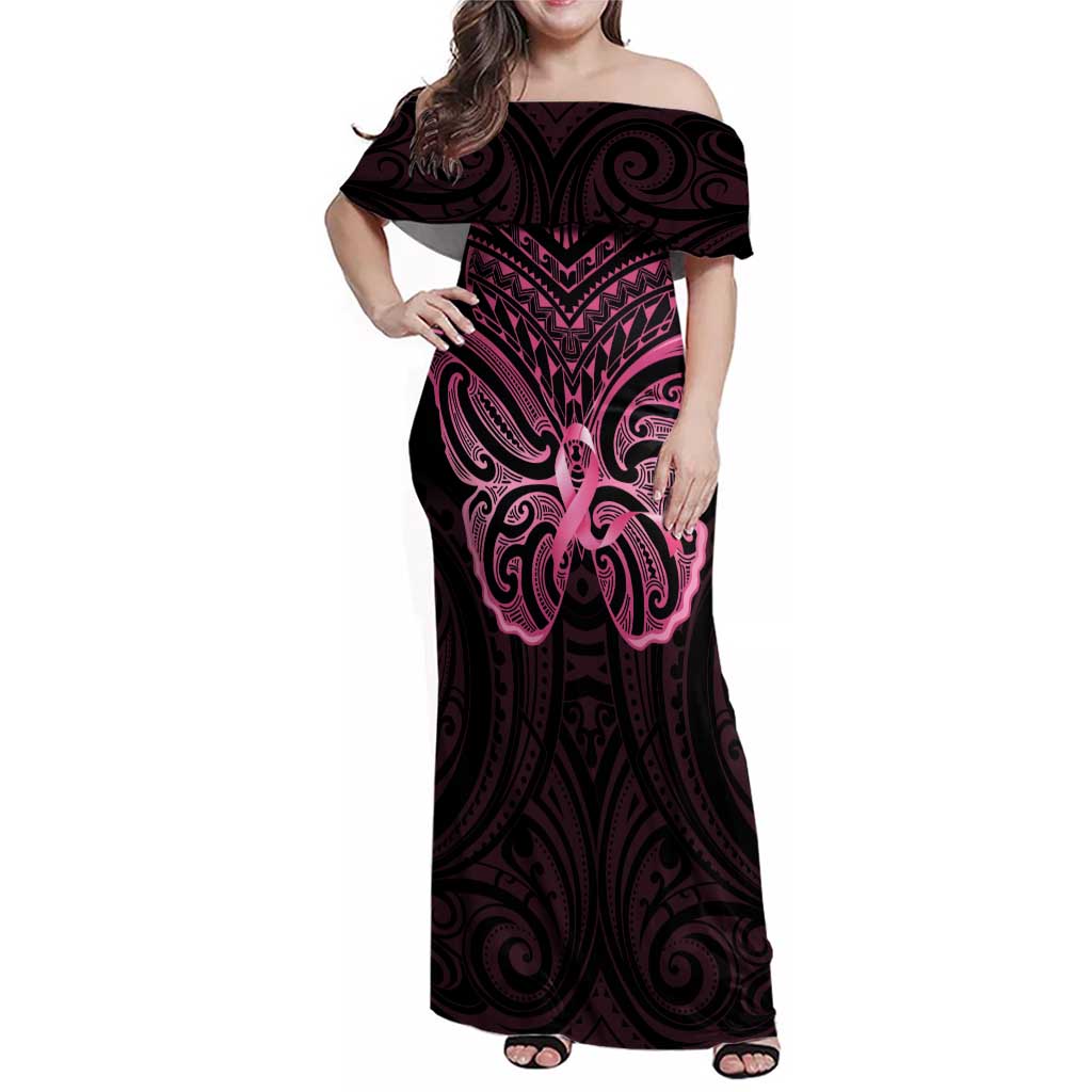 New Zealand Breast Cancer Awareness Family Matching Off Shoulder Maxi Dress and Hawaiian Shirt Maori Butterfly Pink Ribbon Black Version - Aussie Hoodie