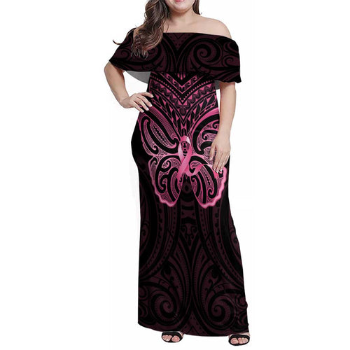 New Zealand Breast Cancer Awareness Family Matching Off Shoulder Maxi Dress and Hawaiian Shirt Maori Butterfly Pink Ribbon Black Version - Aussie Hoodie