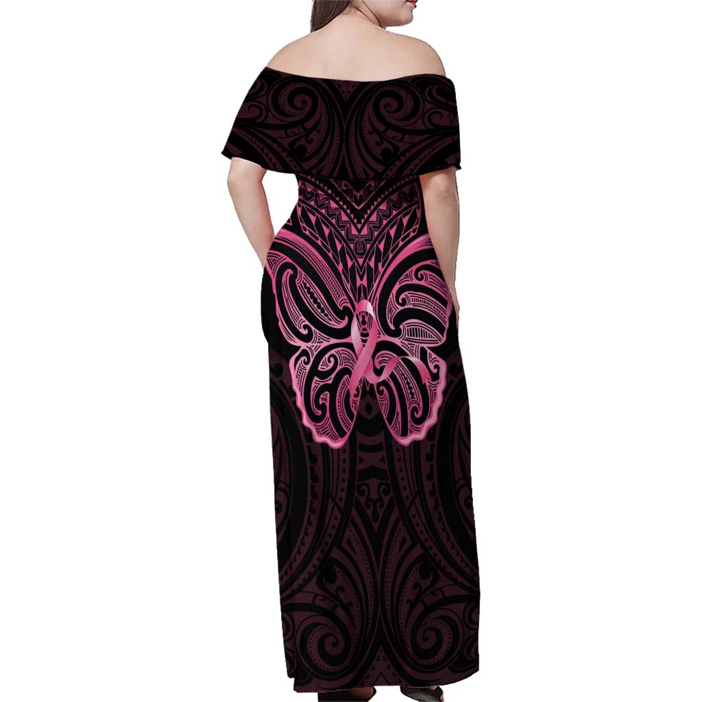New Zealand Breast Cancer Awareness Family Matching Off Shoulder Maxi Dress and Hawaiian Shirt Maori Butterfly Pink Ribbon Black Version - Aussie Hoodie