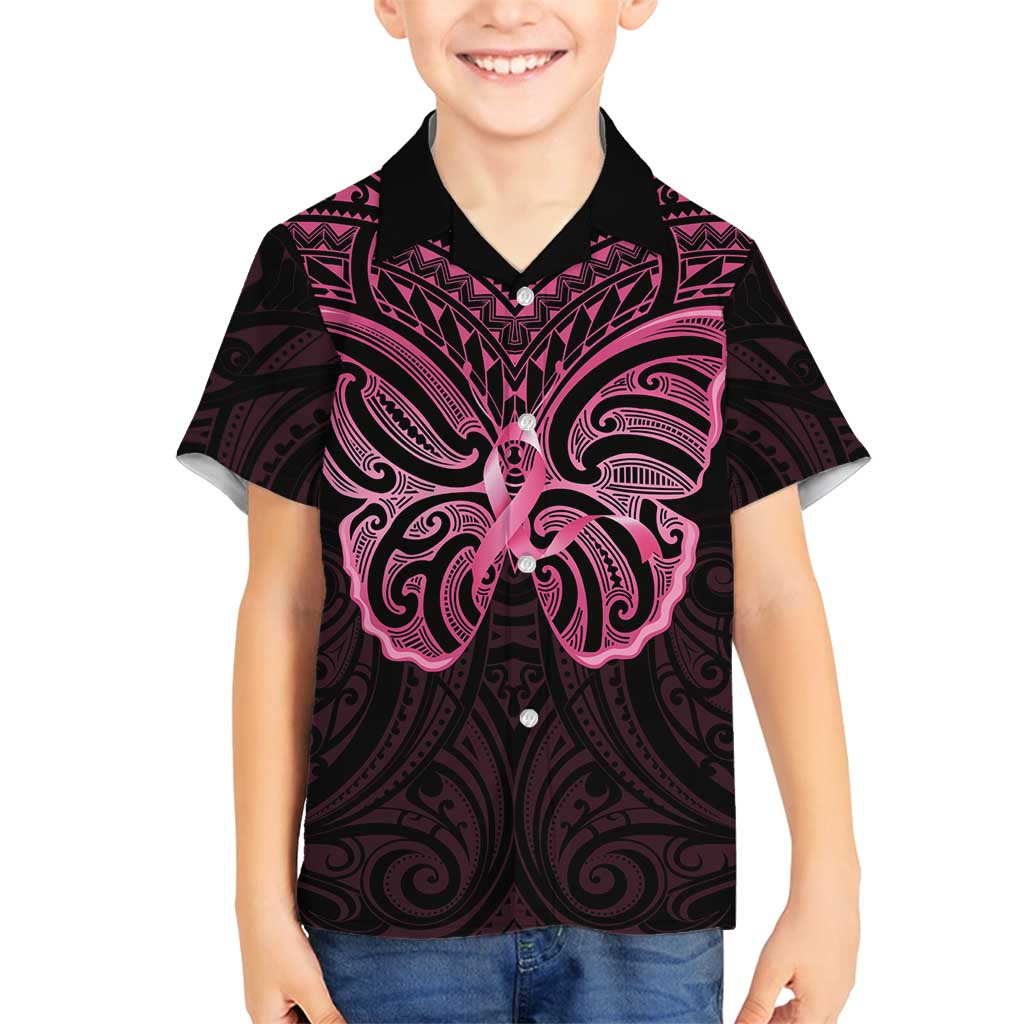 New Zealand Breast Cancer Awareness Family Matching Off Shoulder Maxi Dress and Hawaiian Shirt Maori Butterfly Pink Ribbon Black Version - Aussie Hoodie