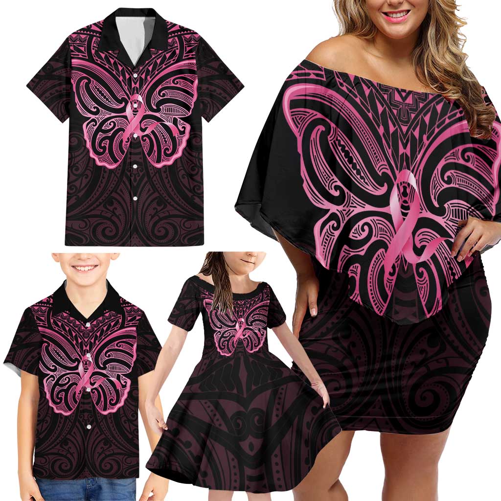 New Zealand Breast Cancer Awareness Family Matching Off Shoulder Short Dress and Hawaiian Shirt Maori Butterfly Pink Ribbon Black Version - Aussie Hoodie
