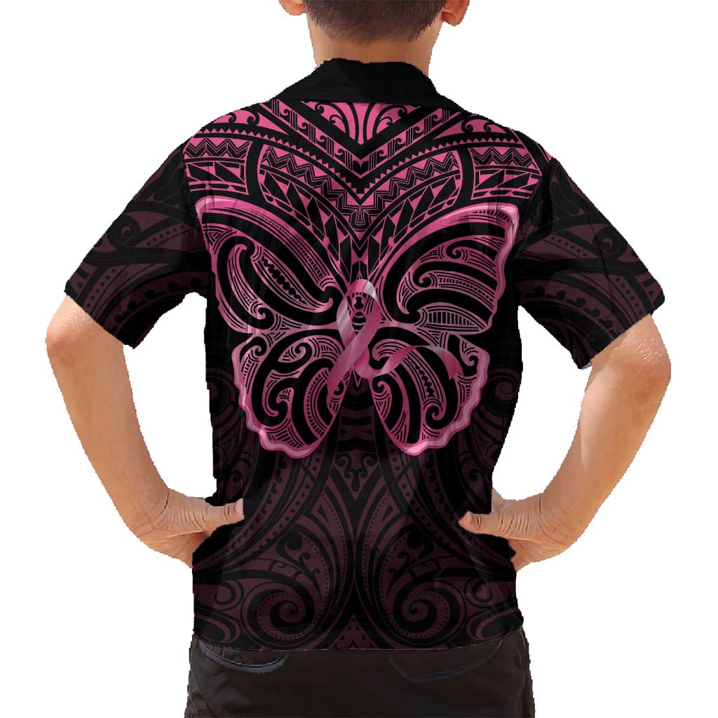 New Zealand Breast Cancer Awareness Family Matching Off Shoulder Short Dress and Hawaiian Shirt Maori Butterfly Pink Ribbon Black Version - Aussie Hoodie