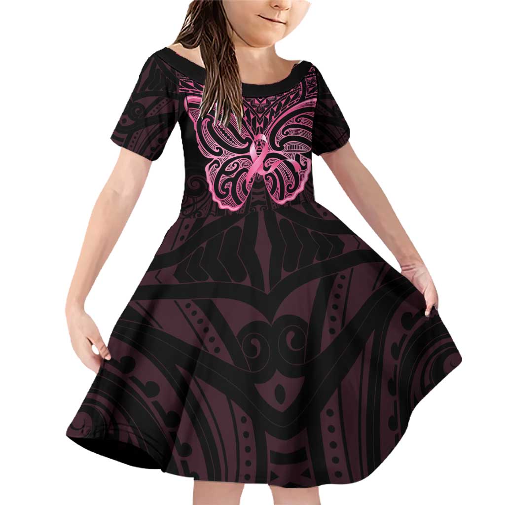 New Zealand Breast Cancer Awareness Family Matching Off Shoulder Short Dress and Hawaiian Shirt Maori Butterfly Pink Ribbon Black Version - Aussie Hoodie