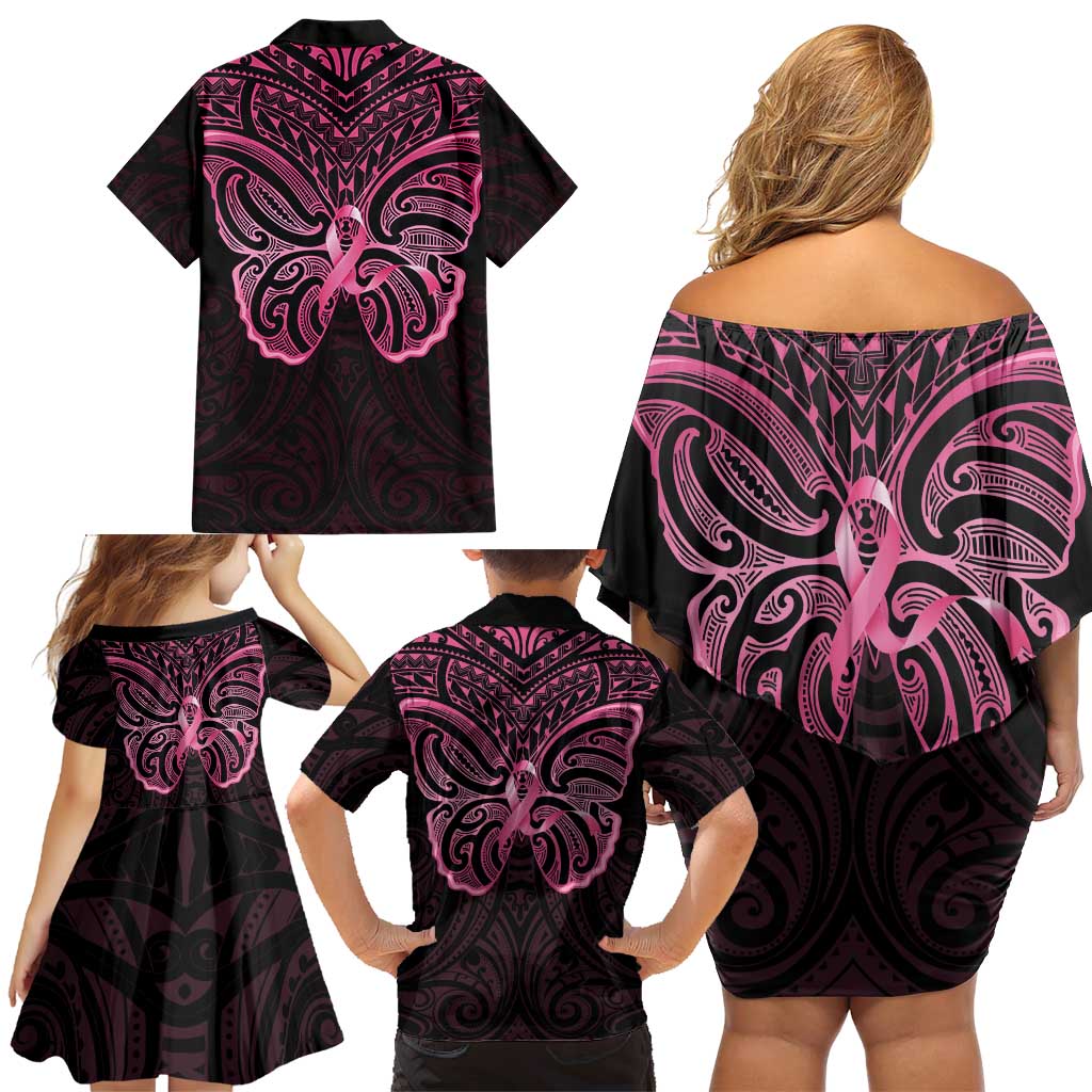 New Zealand Breast Cancer Awareness Family Matching Off Shoulder Short Dress and Hawaiian Shirt Maori Butterfly Pink Ribbon Black Version - Aussie Hoodie
