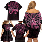 New Zealand Breast Cancer Awareness Family Matching Off Shoulder Short Dress and Hawaiian Shirt Maori Butterfly Pink Ribbon Black Version - Aussie Hoodie