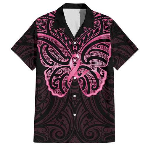 New Zealand Breast Cancer Awareness Family Matching Off Shoulder Short Dress and Hawaiian Shirt Maori Butterfly Pink Ribbon Black Version - Aussie Hoodie