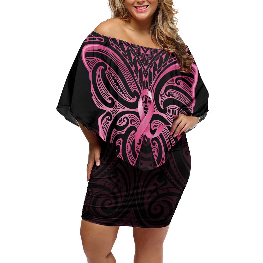 New Zealand Breast Cancer Awareness Family Matching Off Shoulder Short Dress and Hawaiian Shirt Maori Butterfly Pink Ribbon Black Version - Aussie Hoodie