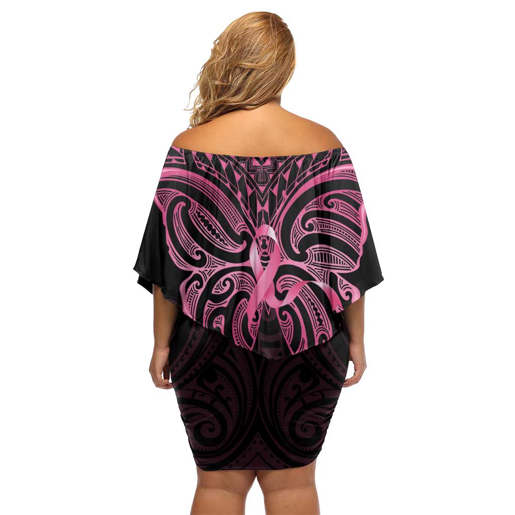 New Zealand Breast Cancer Awareness Family Matching Off Shoulder Short Dress and Hawaiian Shirt Maori Butterfly Pink Ribbon Black Version - Aussie Hoodie