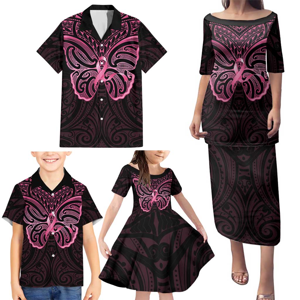New Zealand Breast Cancer Awareness Family Matching Puletasi and Hawaiian Shirt Maori Butterfly Pink Ribbon Black Version - Aussie Hoodie