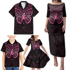 New Zealand Breast Cancer Awareness Family Matching Puletasi and Hawaiian Shirt Maori Butterfly Pink Ribbon Black Version - Aussie Hoodie