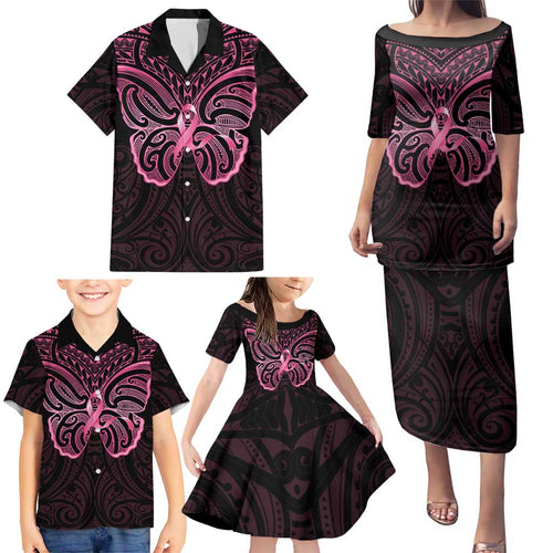 New Zealand Breast Cancer Awareness Family Matching Puletasi and Hawaiian Shirt Maori Butterfly Pink Ribbon Black Version - Aussie Hoodie