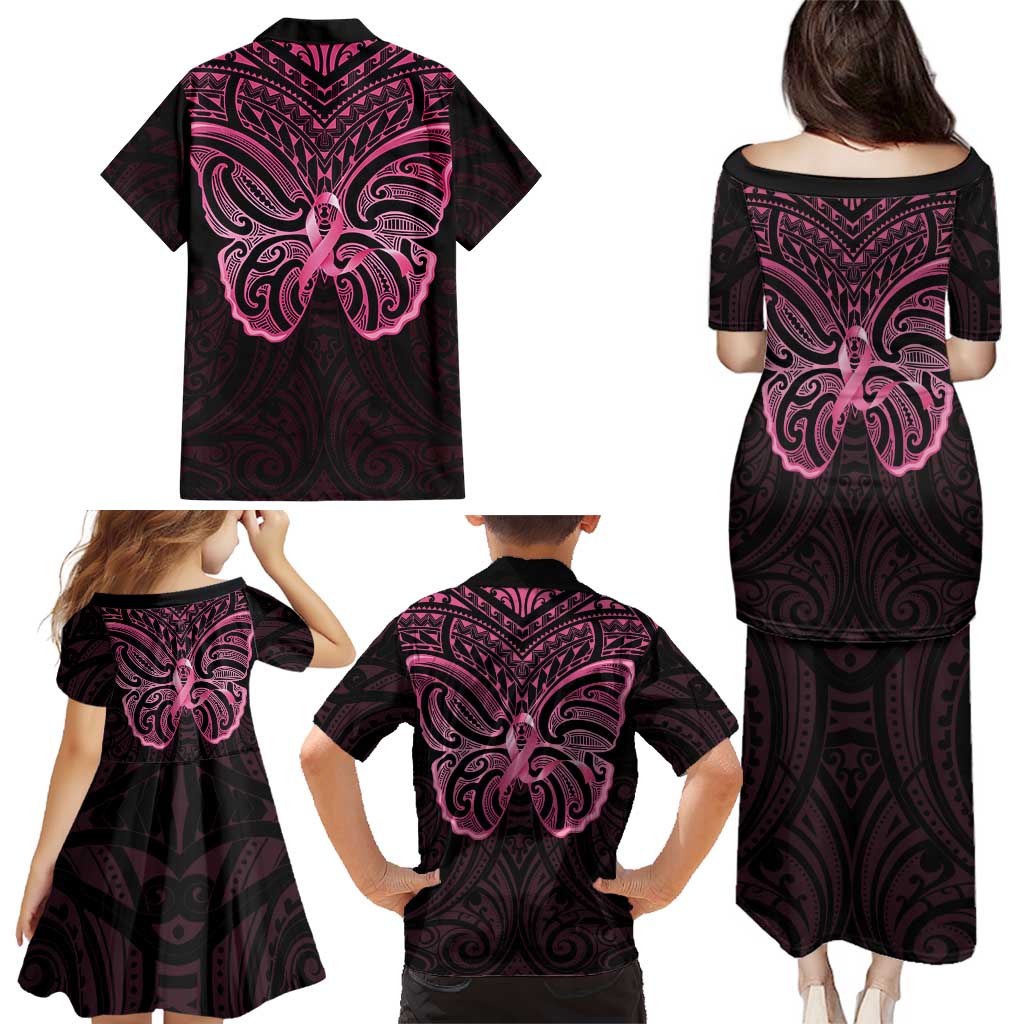 New Zealand Breast Cancer Awareness Family Matching Puletasi and Hawaiian Shirt Maori Butterfly Pink Ribbon Black Version - Aussie Hoodie
