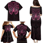 New Zealand Breast Cancer Awareness Family Matching Puletasi and Hawaiian Shirt Maori Butterfly Pink Ribbon Black Version - Aussie Hoodie