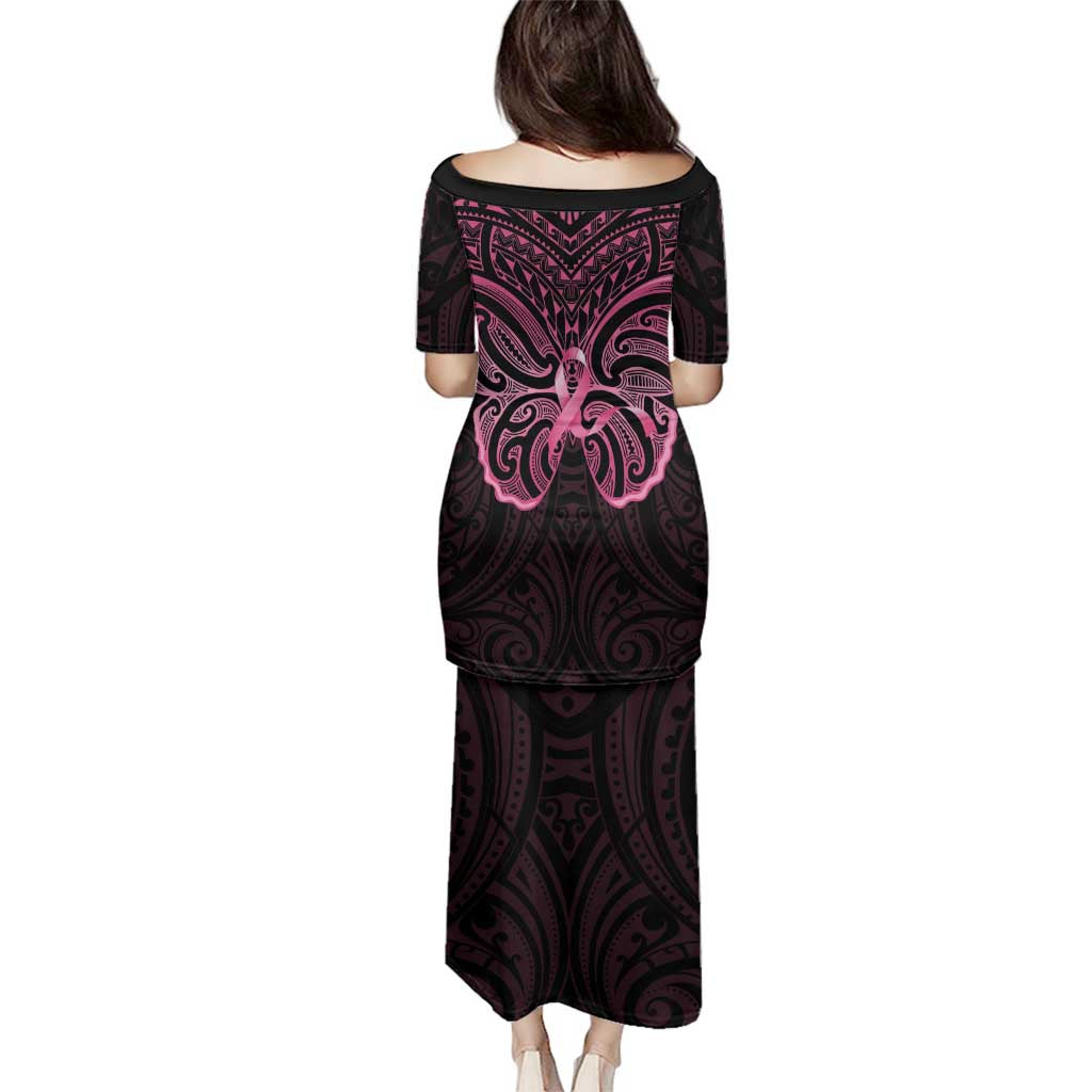 New Zealand Breast Cancer Awareness Family Matching Puletasi and Hawaiian Shirt Maori Butterfly Pink Ribbon Black Version - Aussie Hoodie