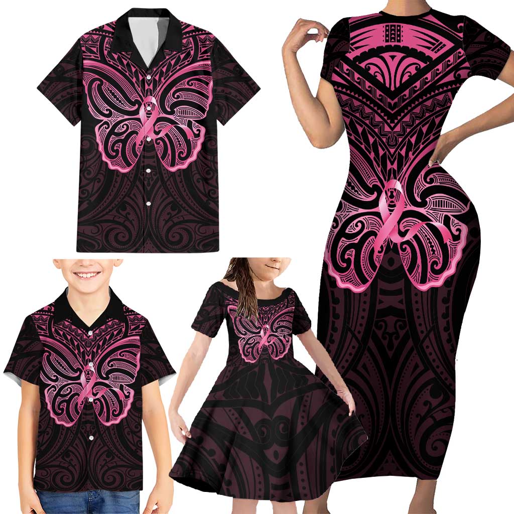 New Zealand Breast Cancer Awareness Family Matching Short Sleeve Bodycon Dress and Hawaiian Shirt Maori Butterfly Pink Ribbon Black Version - Aussie Hoodie