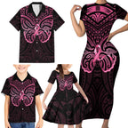New Zealand Breast Cancer Awareness Family Matching Short Sleeve Bodycon Dress and Hawaiian Shirt Maori Butterfly Pink Ribbon Black Version - Aussie Hoodie