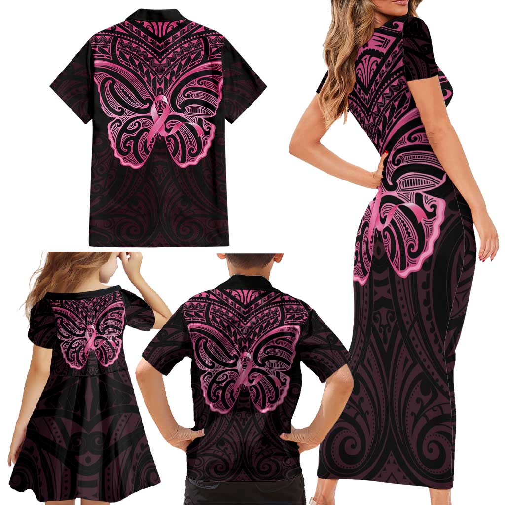 New Zealand Breast Cancer Awareness Family Matching Short Sleeve Bodycon Dress and Hawaiian Shirt Maori Butterfly Pink Ribbon Black Version - Aussie Hoodie